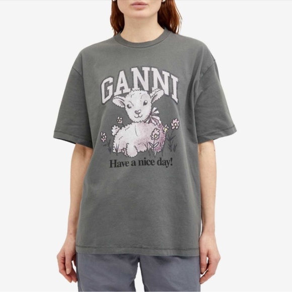 Ganni Tops - GANNI Lamb Short Sleeve Have a Nice Day T-Shirt in Volcanic Ash Grey size small